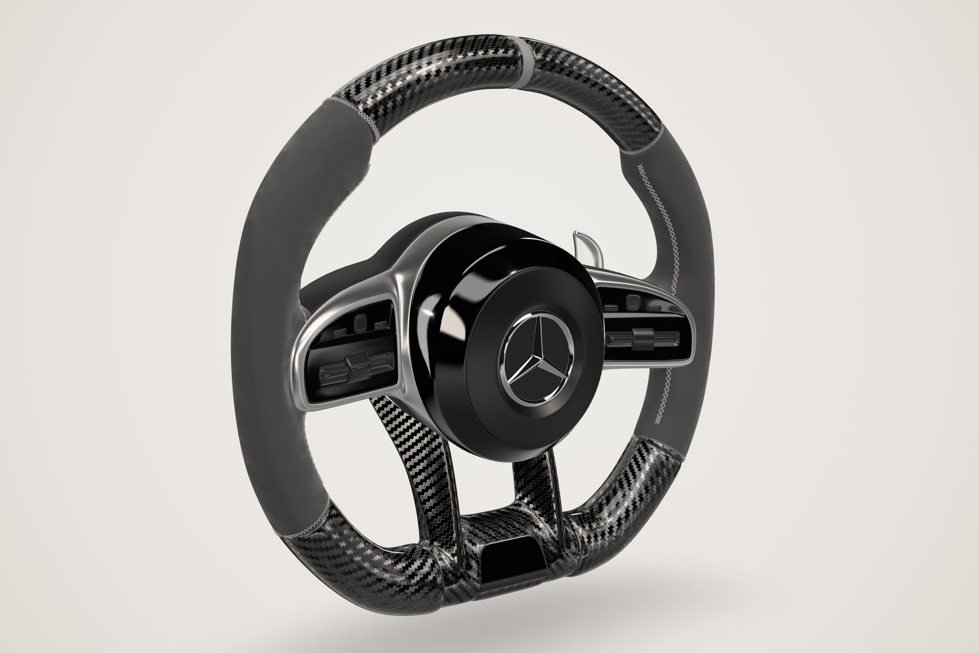 AMG Performance wheel in dark grey Alcantara with gloss 3K carbon and light grey stitching