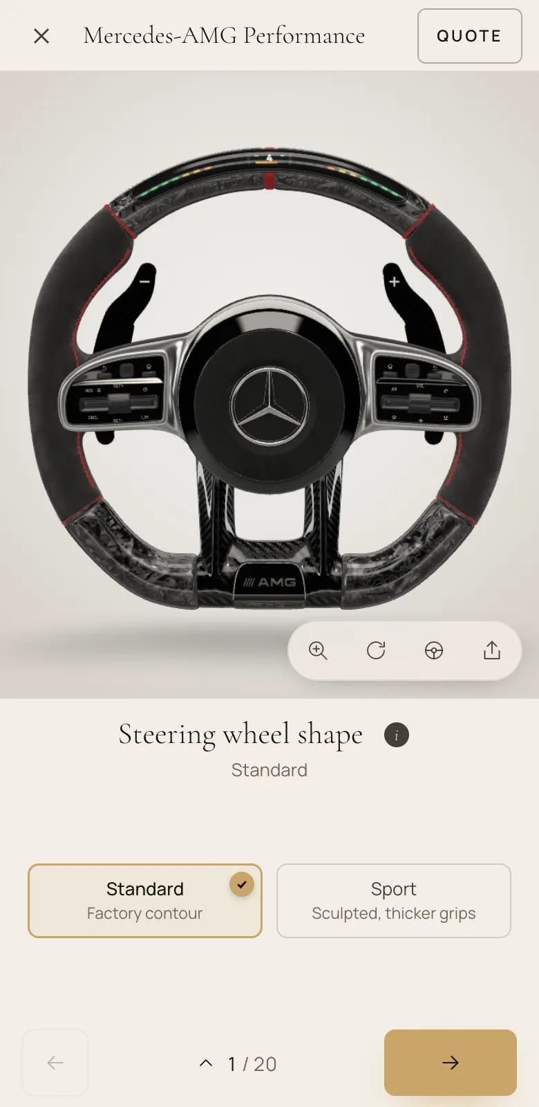 The Aero Elite configurator on a phone: a Mercedes-AMG wheel in black Alcantara and forged carbon